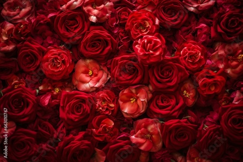 Stunning rose wall with beautiful blooms creating a romantic red floral background. Generative AI