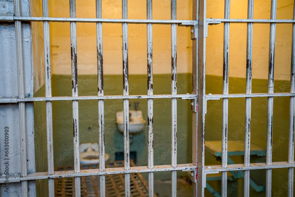 Jail cell with toilet, sink, bed and shelf at the former Alcatraz ...