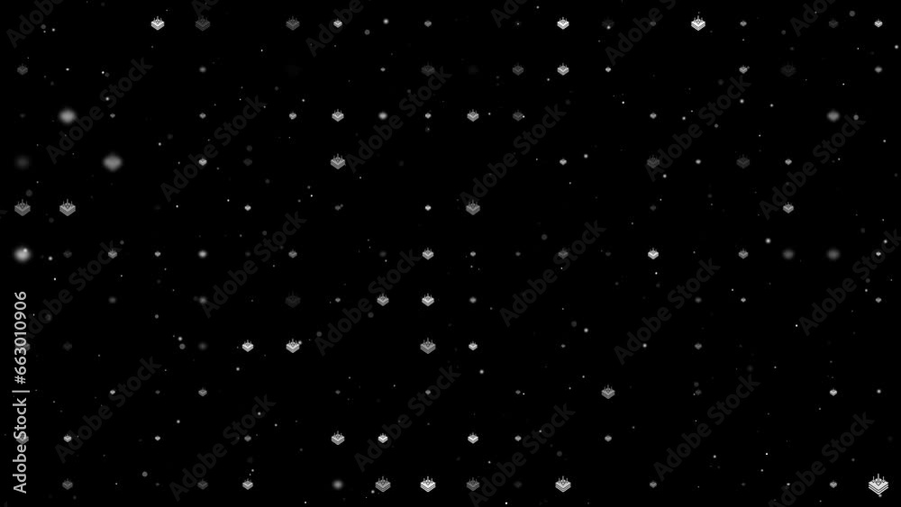 Template animation of evenly spaced absorbent symbols of different sizes and opacity. Animation of transparency and size. Seamless looped 4k animation on black background with stars Template animation of evenly spaced absorbent symbols of different sizes and opacity. Animation of transparency and size. Seamless looped 4k animation on black background with stars
