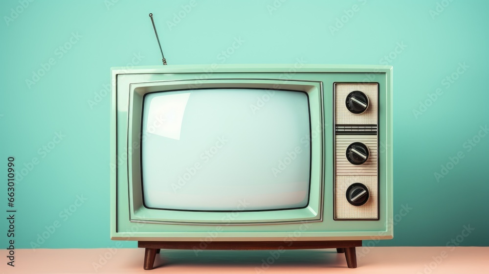 An image of a vintage television set on a soft pastel background.