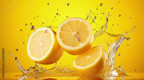 Vibrant Lemon Juice Splash on Yellow Background