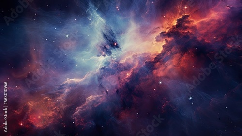 An image of a colorful cloudy nebula of a cosmic galaxy.