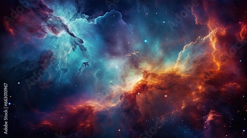 An image of a colorful cloudy nebula of a cosmic galaxy. © kept