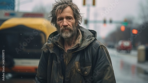 An image of a poor homeless man sitting on a city street. © kept