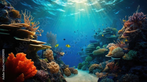 An image of an underwater world with a group of sea creatures and vibrant coral reefs. © kept
