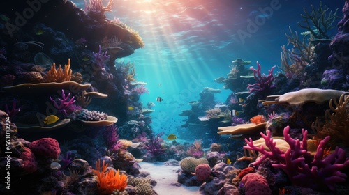 An image of an underwater world with a group of sea creatures and vibrant coral reefs.