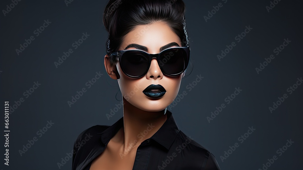 Image of a girl with black lip gloss, dark sunglasses. Image of a girl with black lip gloss, dark sunglasses.