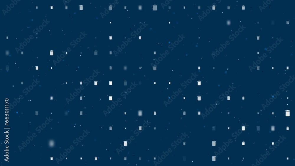 Template animation of evenly spaced trash symbols of different sizes and opacity. Animation of transparency and size. Seamless looped 4k animation on dark blue background with stars Template animation of evenly spaced trash symbols of different sizes and opacity. Animation of transparency and size. Seamless looped 4k animation on dark blue background with stars