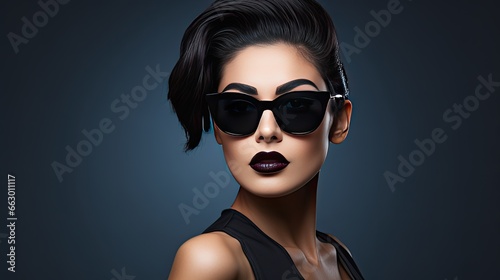 Image of a girl with black lip gloss, dark sunglasses.