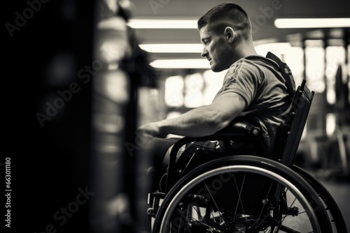 An athletic man with quadriplegia lies on a specialized adaptive sports chair, his hands tightly gripping the handles. Despite being paralyzed, he competes in wheelchair rugby, using his photo