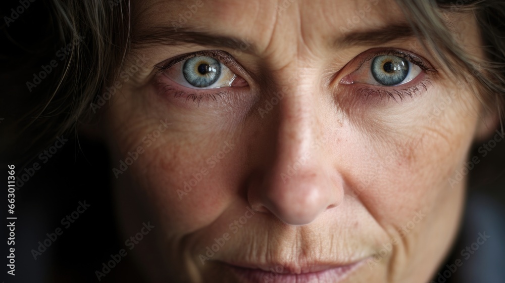 A middleaged woman with disheveled clothes and a vacant stare in her eyes. She was once a successful lawyer, but her schizophrenia now makes it hard for her to form coherent thoughts or - obrazy, fototapety, plakaty 