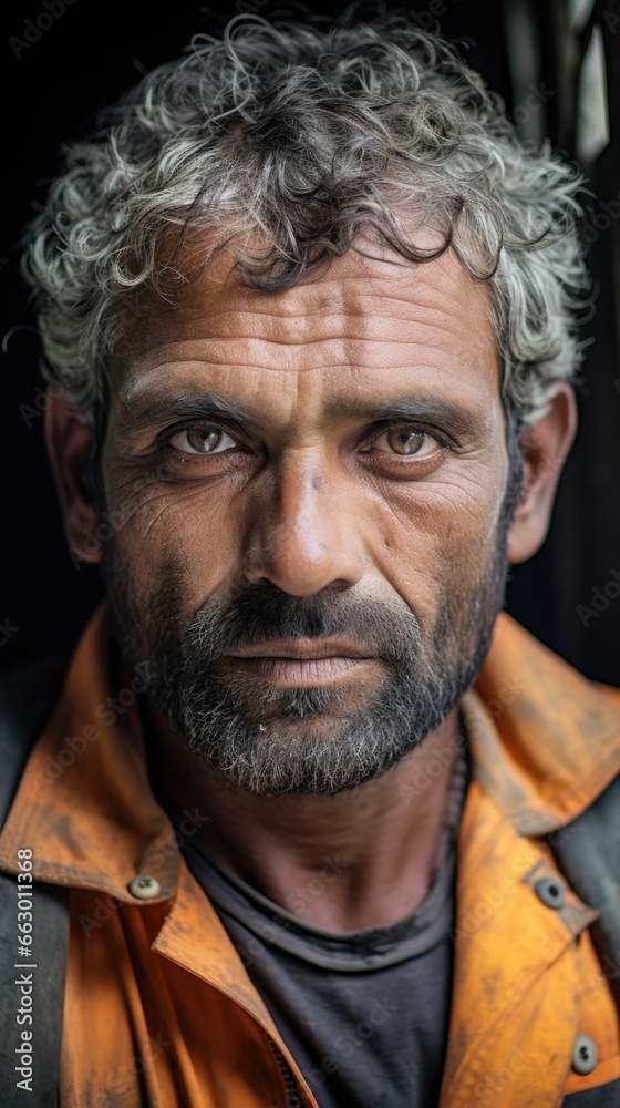 He is a construction worker in his late 40s, with calloused hands and a rugged facial expression. Due to his diabetes, he has to take frequent breaks to check his sugar and eat a snack to He is a construction worker in his late 40s, with calloused hands and a rugged facial expression. Due to his diabetes, he has to take frequent breaks to check his sugar and eat a snack to