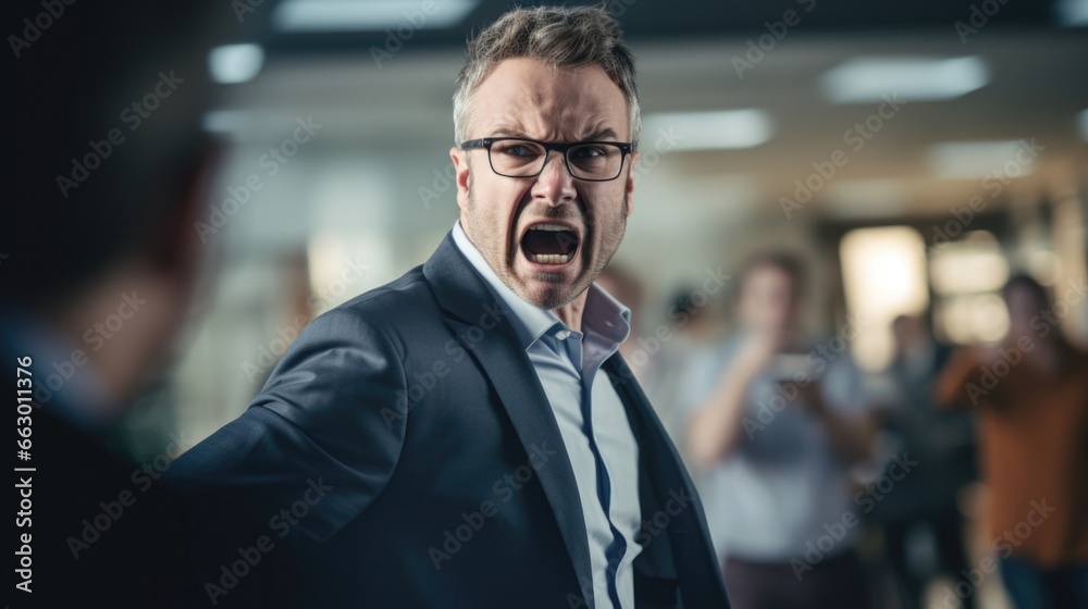 A successful CEO, known for their innovative ideas and charismatic leadership. However, their employees have witnessed the CEOs sudden outbursts and unreasonable demands during manic episodes, - obrazy, fototapety, plakaty 
