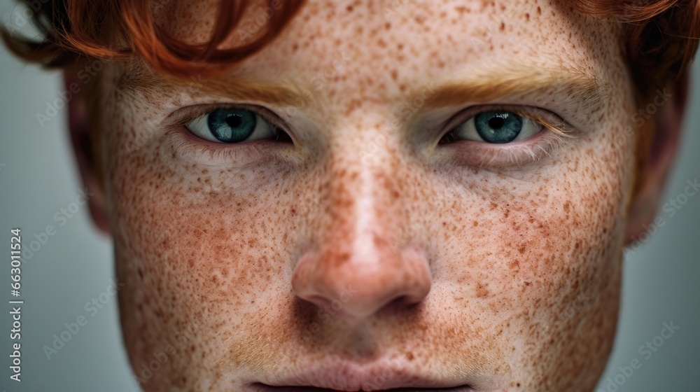 Fototapeta premium Male, 28 years old, artist His freckles are like brushstrokes on a canvas, adding depth and character to his face. As an artist, he spends most of his time in his studio, creating masterpieces