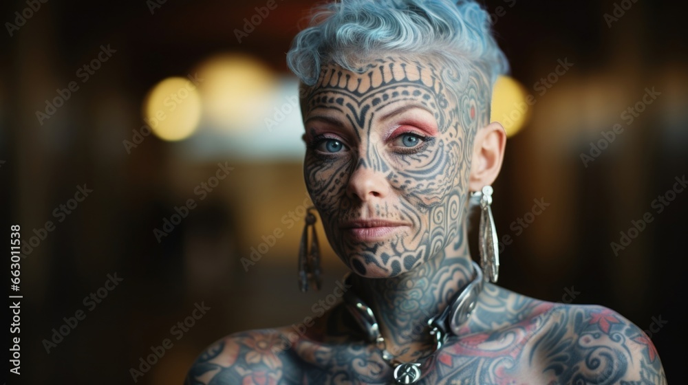 A social worker with a heavily tattooed body, including a piece and