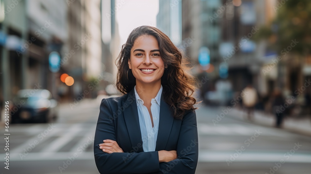 Businesswoman standing on the street in the big city. Businesswoman standing on the street in the big city.
