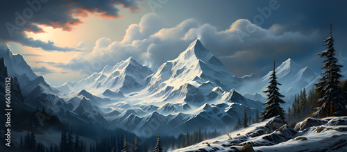 Frosty mountain landscape with snow-covered peak, clouds, and majestic spruce trees