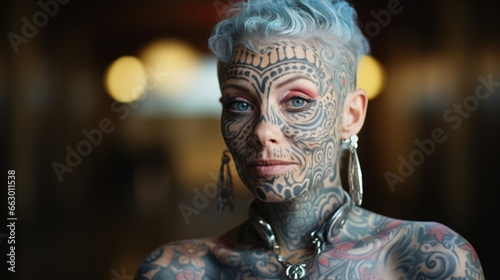 A social worker with a heavily tattooed body, including a piece and multiple facial piercings. She believes that her body art serves as a reminder of the struggles and resilience of her © Justlight