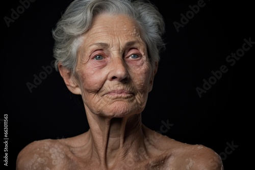 An older woman with fair skin and numerous skin tags on her neck, a result of medication she took in her youth. Though shes comfortable in her own skin, she still feels a twinge of embarrassment