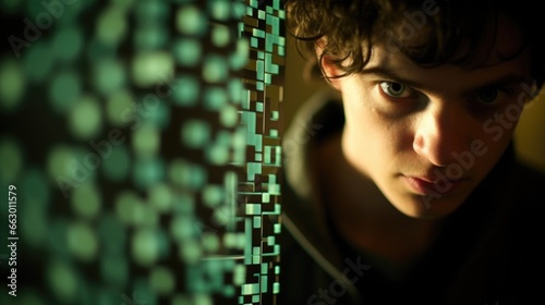 A young man with autism, working as a computer programmer. His attention to detail and ability to think outside the box make him highly sought after in the tech industry. Though he struggles