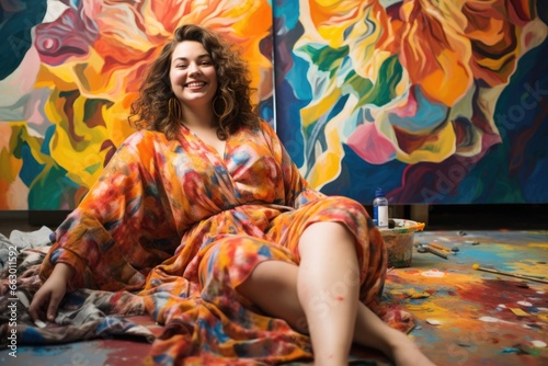 A young woman with obesity sits in front of a canvas, her brush strokes fluid and confident as she creates a beautiful piece of art. As an artist, she channels her emotions and experiences