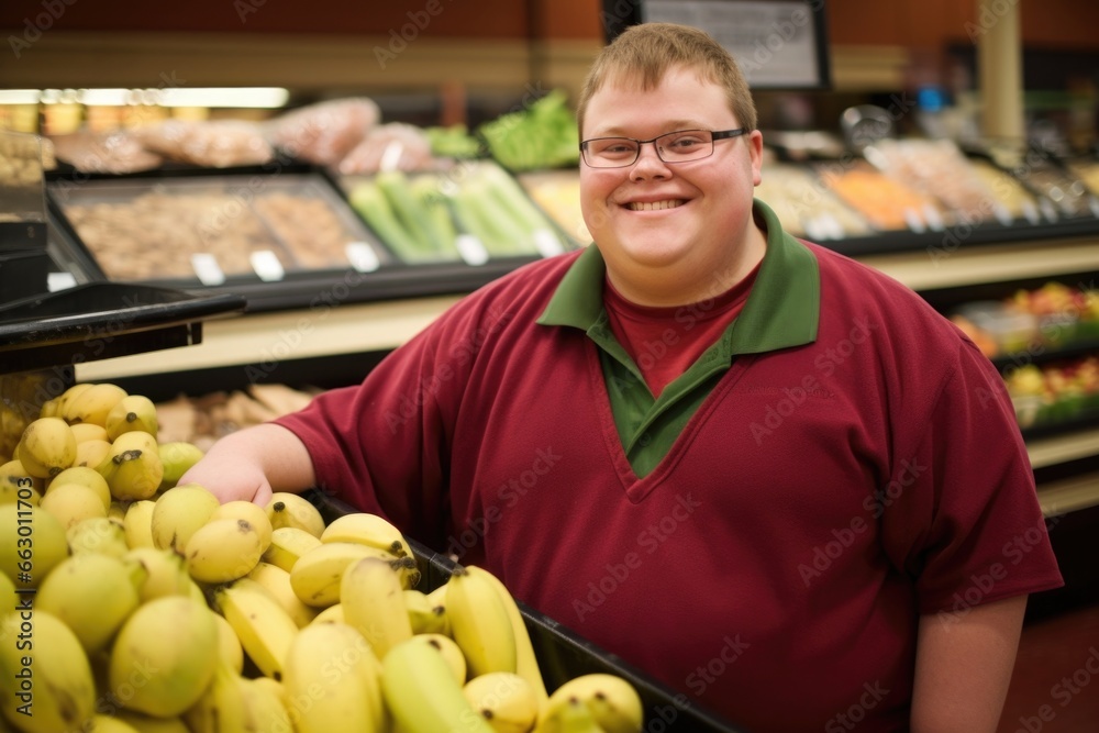 Fototapeta premium A man with Down syndrome works as a cashier at a grocery store, his bright personality and friendly demeanor making him a favorite a customers. He takes pride in his job and enjoys interacting