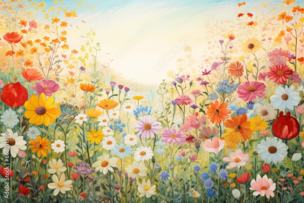 Watercolor painting. Meadow with flowers. Grassy field.