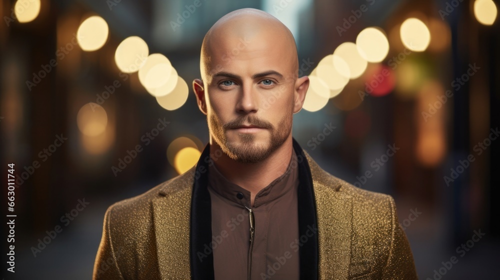 A man with a stocky build and a shaved head is a successful fashion designer, breaking stereotypes and creating fashion for all body types. His designs embrace diversity and empower individuals