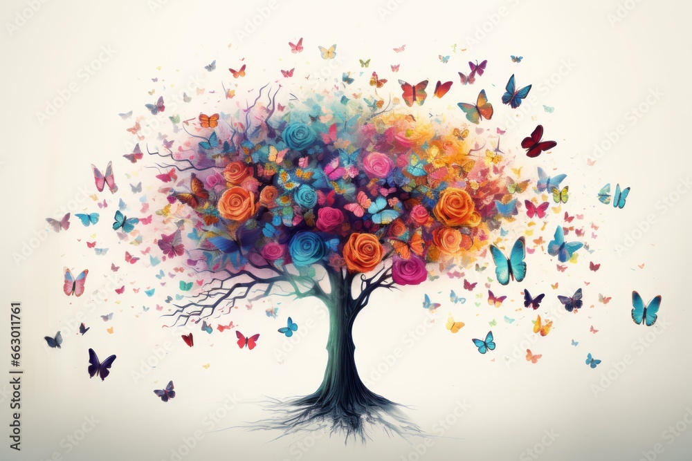 Colorful tree of life with flying butterflies. Colorful tree of life with flying butterflies.