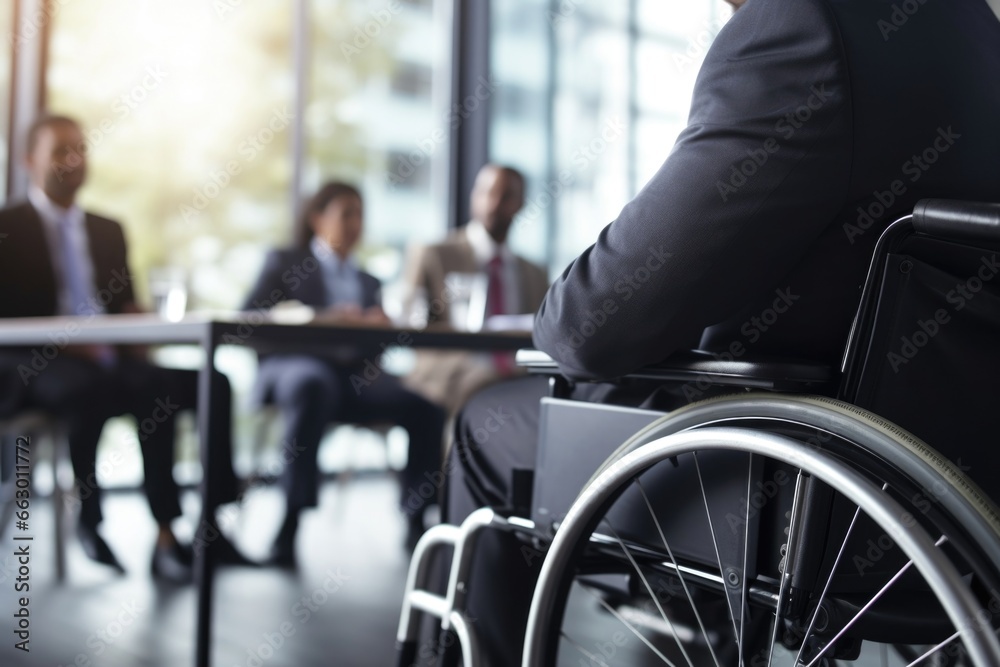 The businessman in the wheelchair sat confidently at the head of the boardroom table. His quadriplegia had not stopped him from climbing the corporate ladder and becoming a successful CEO, The businessman in the wheelchair sat confidently at the head of the boardroom table. His quadriplegia had not stopped him from climbing the corporate ladder and becoming a successful CEO,