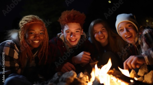 A group of friends gather around a campfire at night  one of them with albinism. They roast marshmallows and tell stories  not letting the darkness or their unique appearances dampen their