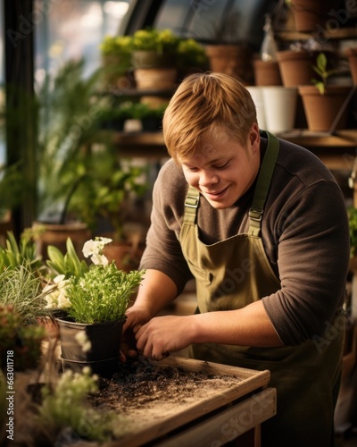 A young man with Down syndrome works in a greenhouse, tending to plants and flowers with care. His love for nature and patience make him a skilled gardener, and his positive attitude brings