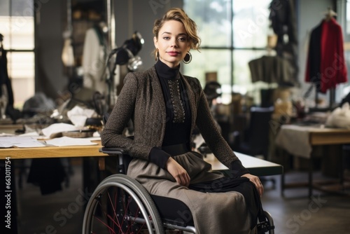 A woman with paraplegia working as a successful fashion designer. She uses her creativity and impeccable taste to design adaptive and stylish clothing for people with physical disabilities. photo