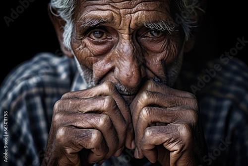 An elderly widower in his 80s, his face and hands marked with wrinkles and a sense of sadness. Despite the grief and loss hes experienced, his wrinkles also reflect a life welllived, filled photo
