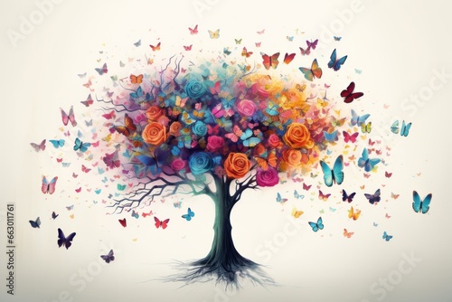 Colorful tree of life with flying butterflies.