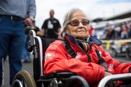 An elderly woman with paraplegia sitting behind the wheel of a race car, her eyes intensely focused on the track ahead. Despite her physical limitations, she is a skilled and fearless race