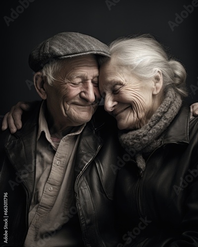 A senior couple in their 90s, their wrinkled faces and hands tell the story of a long and fulfilling life. Despite the physical signs of aging, their wrinkles also reflect a sense of contentment