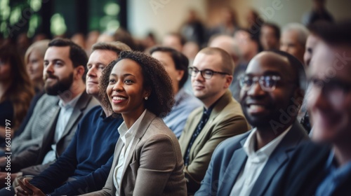 Diverse audience enjoying a business conference  attention foused on off-screen speaker