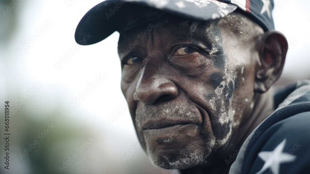 A retired war veteran with vitiligo volunteering at a veterans organization, his missing pigmentation serving as a reminder of the battles he fought and won. - obrazy, fototapety, plakaty 