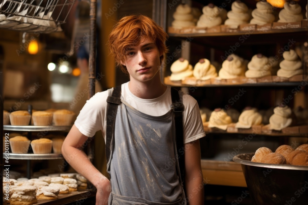A teenage boy with a shy demeanor and freckles that seem to peek out from behind his messy hair. He works parttime at a bakery, using his passion for baking to create delicious treats and