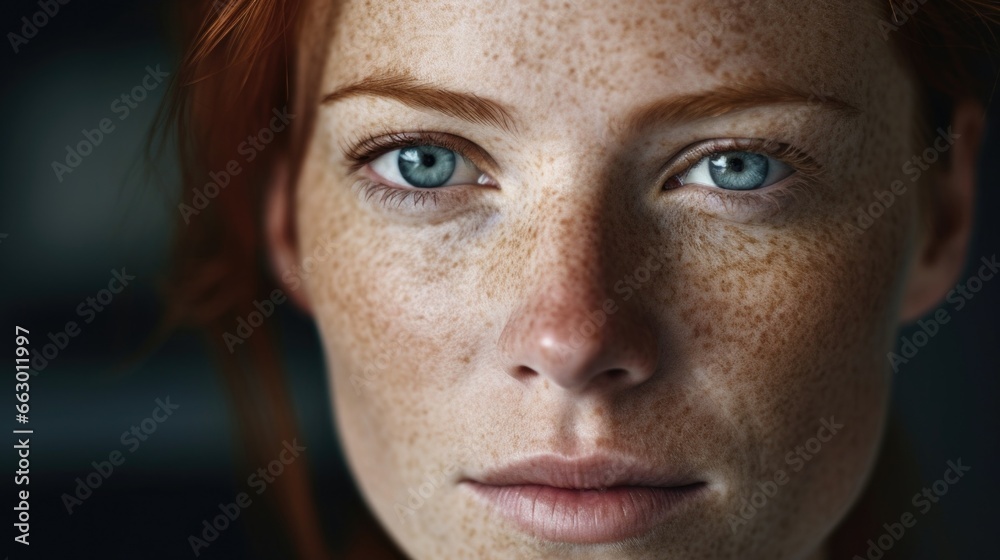 Obraz premium A woman with a fierce and determined look, her freckles adding to her powerful presence as she works as a lawyer. She uses her sharp mind and unwavering confidence to fight for justice and