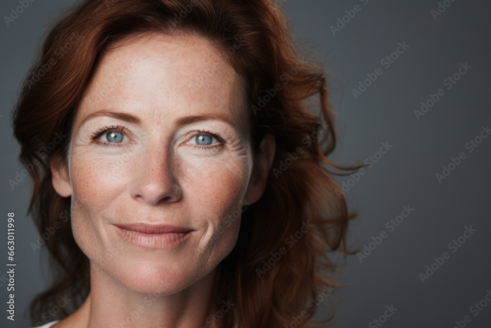 A woman in her forties, her freckles giving her a youthful and glowing complexion as she works as a successful dermatologist. She uses her knowledge and expertise to help others embrace
