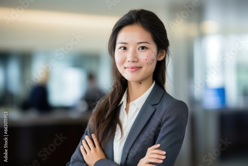 A bank teller with visible acne on her chin, assisting customers with their financial needs. Despite working in a highpressure environment, she remains calm and composed, using her scars