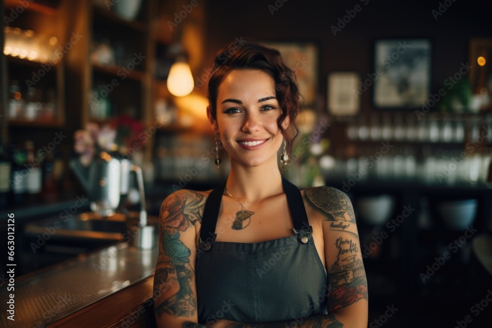 A bartender with a birthmark on her lip, who is outgoing and sociable. She sees her birthmark as a conversation starter and it has helped her build connections with her customers.