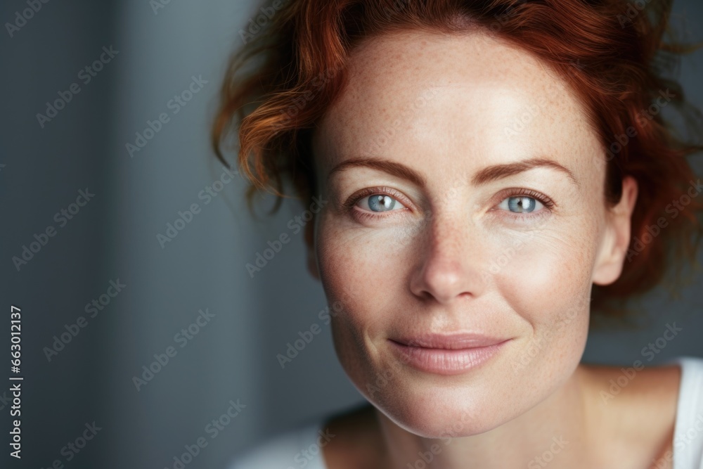 Naklejka premium A woman in her forties, her freckles giving her a youthful and glowing complexion as she works as a successful dermatologist. She uses her knowledge and expertise to help others embrace