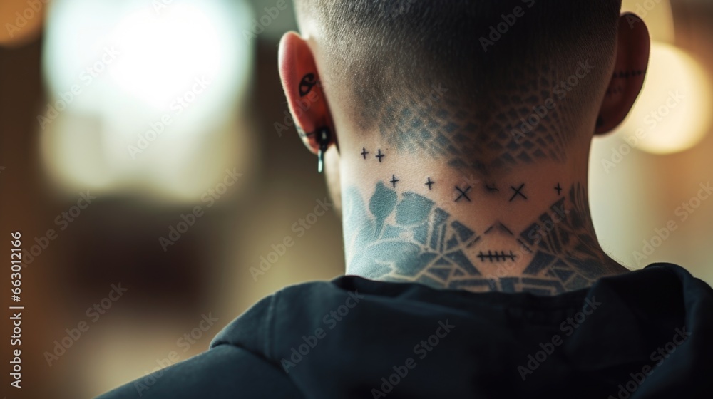 A young man with a single skin tag on his neck, working as a tattoo