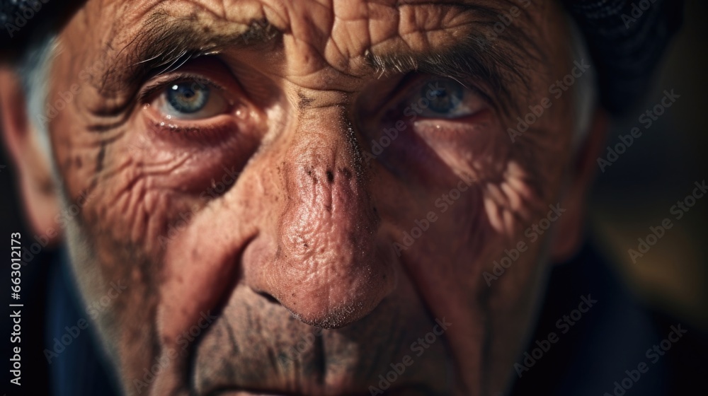 A man in his 90s, a war veteran with deep wrinkles and scars on his face, a reminder of the hardships he endured during his service. Despite the trauma he may have faced, his unwavering
