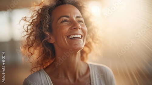 A middleaged woman with a warm smile and freckles that seem to dance across her face when she speaks. She is a successful motivational speaker, using her own experiences to inspire and empower photo