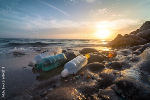 Plastic water bottles polluting ocean, emphasizing environmental protection. Generative AI