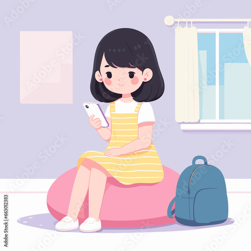 Girl on Pink Bean Bag Chair with Phone photo